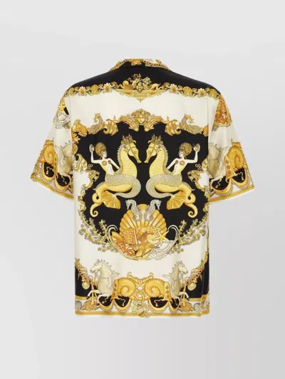 Versace Coral Teater White Bowling Shirt With Cuban Collar And All-over Print In Silk Man In Neutral