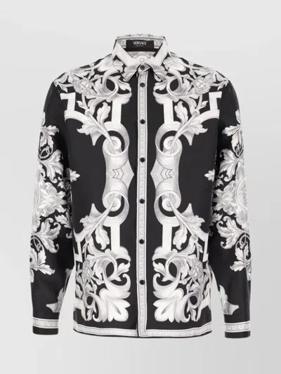 Versace Baroque Pattern Structured Collar Long Sleeves Shirt In Black