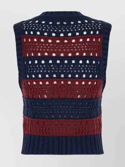 Ganni Striped Openwork Vest With Logo Inlay In Blue