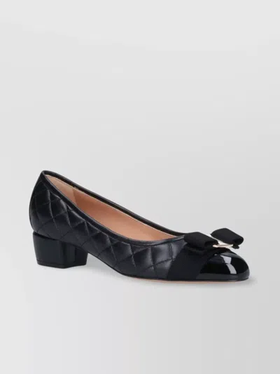 Ferragamo Quilted Bow Round Toe Low Block Heel