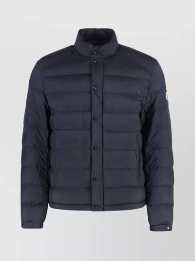 Moncler Padded High Collar Snap Button Down Jacket In Blue