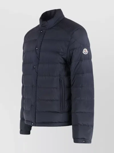 Moncler Padded High Collar Snap Button Down Jacket In Blue