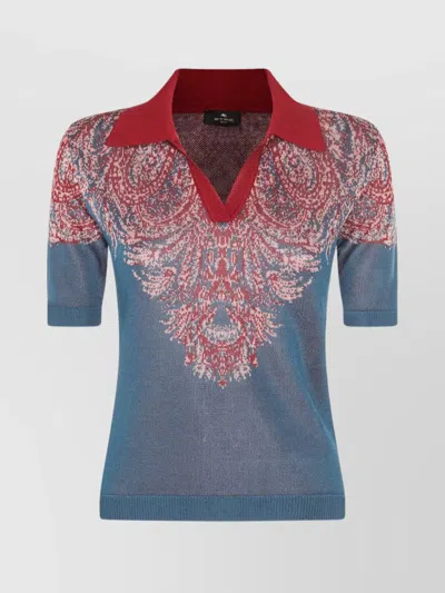 Etro Collared V-neck Polo With Patterned Ribbed Cuffs In Blue