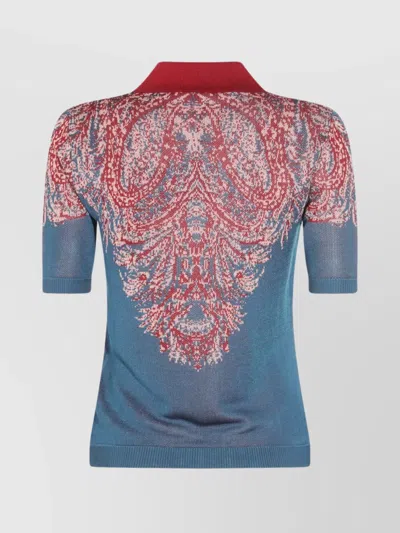 Etro Collared V-neck Polo With Patterned Ribbed Cuffs In Blue