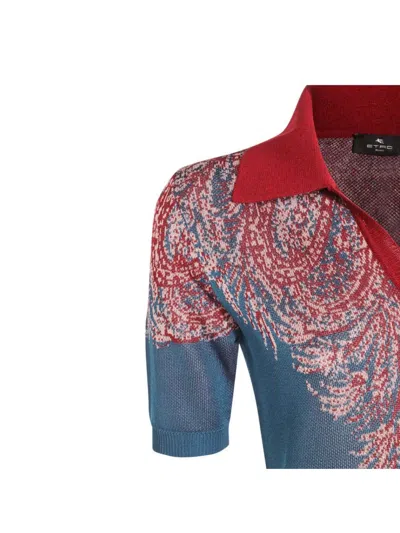 Etro Collared V-neck Polo With Patterned Ribbed Cuffs In Blue