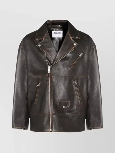 Moschino Leather Smiley Face Studded Jacket In Brown