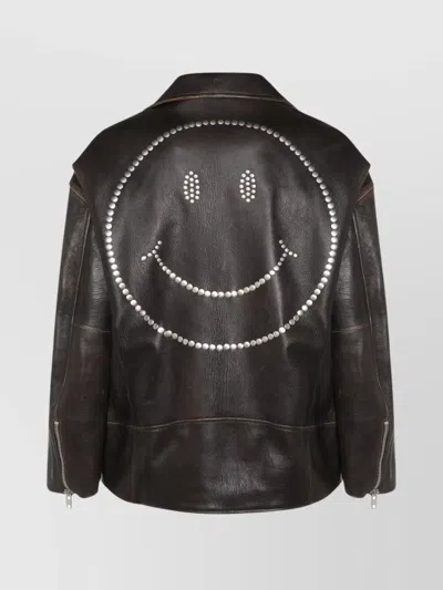 Moschino Leather Smiley Face Studded Jacket In Brown