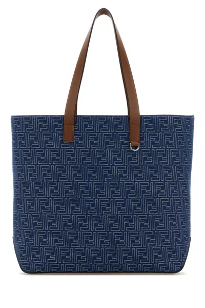 Fendi Men Blue Shopper With Long Handles And All Over Ff Motif In Cotton Man