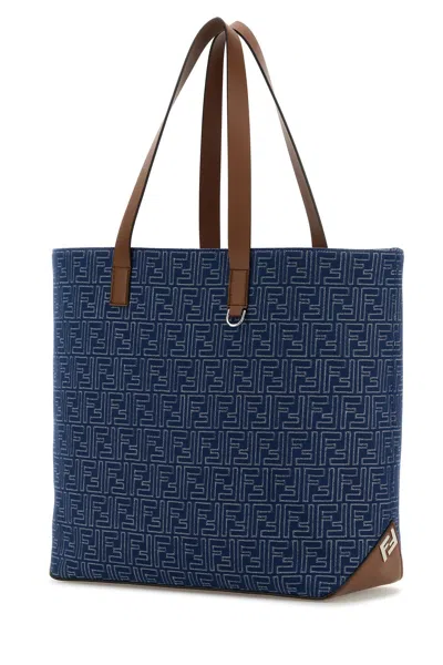 Fendi Men Blue Shopper With Long Handles And All Over Ff Motif In Cotton Man