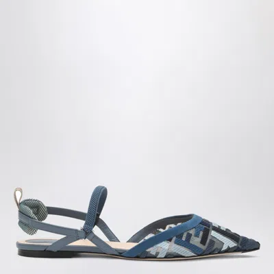 Fendi Blue Flat Mesh Slingbacks With Ff Embroidery