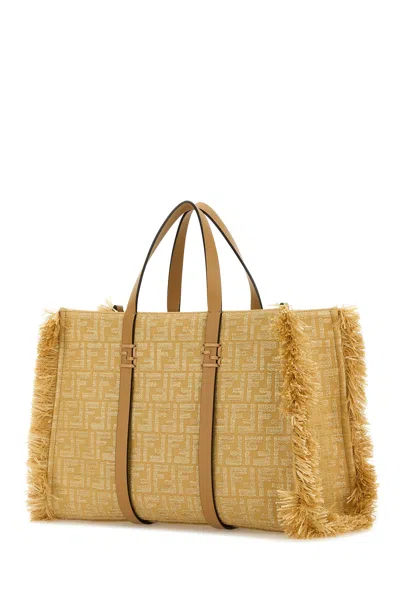 Fendi Women Embroidered Canvas Raffia Summer Shopping Bag