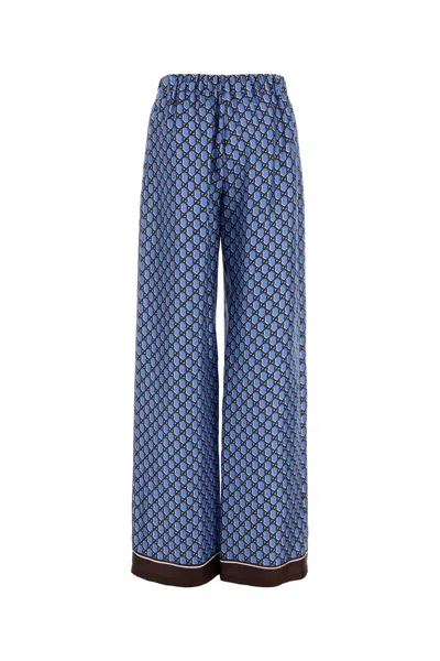 Gucci Silk Pant With Printed Pattern And Contrasting Hem In Blue