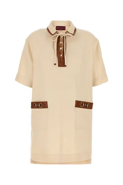 Gucci Linen Mini Dress Bow Detail In Neutral