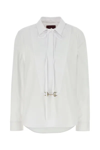 Gucci White Shirt With Pointed Collar With Tie Detail And Horsebit In Cotton Woman In White
