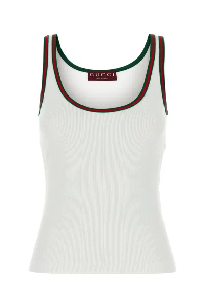 Gucci White Ribbed Top With Web Detail On The Edges In Cotton Woman In White