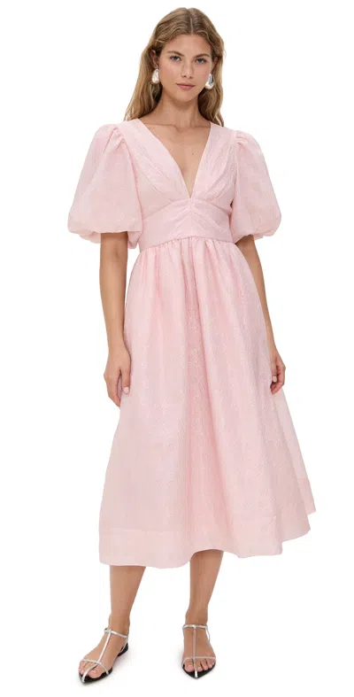 Sea Florence Embossed Puff Sleeve Midi Dress Pink