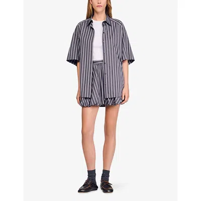 Sandro Womens Striped Rhinestone-embellished Cotton Shirt Grey