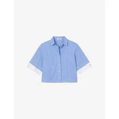 Sandro Womens Checked Relaxed-fit Cotton Shirt Ciel / Blanc In Multi