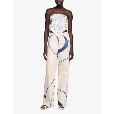 Sandro Womens Tie-dye Spiral-print Wide-leg Denim Jeans Naturels