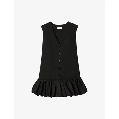 Sandro Womens Ruffle-hem Button-down Sleeveless Cotton Mini Dress Black