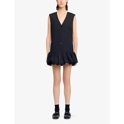 Sandro Womens Ruffle-hem Button-down Sleeveless Cotton Mini Dress Black