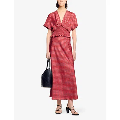 Sandro Womens Scarf-print V-neck Woven Maxi Dress Red / Pink In Red