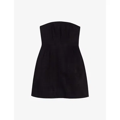 Maje Womens Shirred-back Flared-skirt Strapless Linen Mini Dress Black