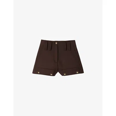 Sandro Womens Button-embellished High-rise Stretch-woven Shorts Brown