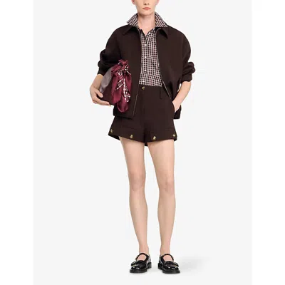 Sandro Womens Button-embellished High-rise Stretch-woven Shorts Brown