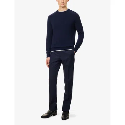 Eleventy Mens Contrast-trims Crewneck Wool Jumper Blue / Light Gray Xl