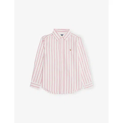 Polo Ralph Lauren Boys' Polo Bear Striped Cotton Oxford Shirt Pink Whit In Pink