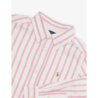 Polo Ralph Lauren Boys' Polo Bear Striped Cotton Oxford Shirt Pink Whit In Pink