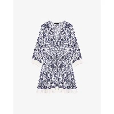 Maje Womens Fruit-print Elasticated-waist Pleated Woven Mini Dress Blue Fruits Print
