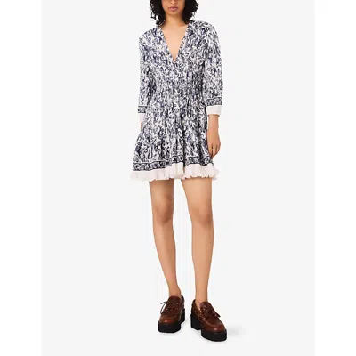 Maje Womens Fruit-print Elasticated-waist Pleated Woven Mini Dress Blue Fruits Print