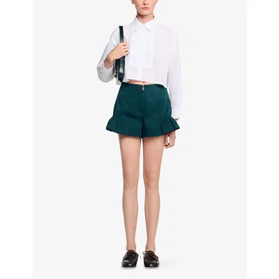 Sandro Womens Zip-up Ruffle-hem Cotton Shorts Bottle Green In Green