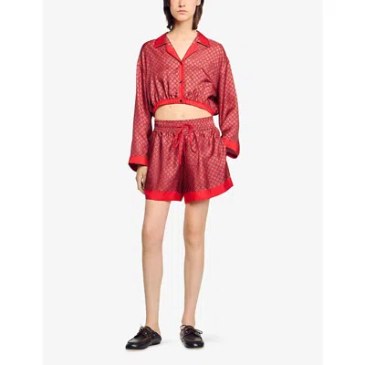 Sandro Womens Scarf-print Drawstring-waist Woven Shorts Red / Pink