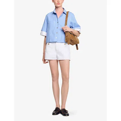 Sandro Womens High-rise Branded-patch Denim Shorts White In White