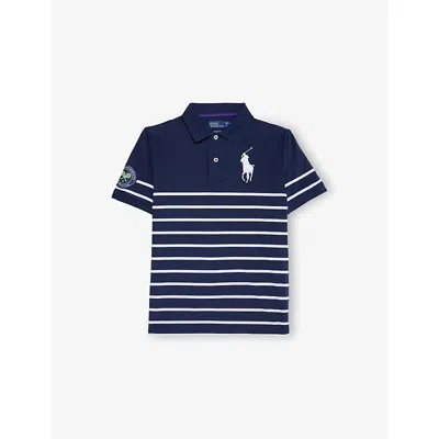 Polo Ralph Lauren X Wimbledon Boys' Embroidered-logo Striped Woven Polo Shirt Navy Mu Xl In Blue