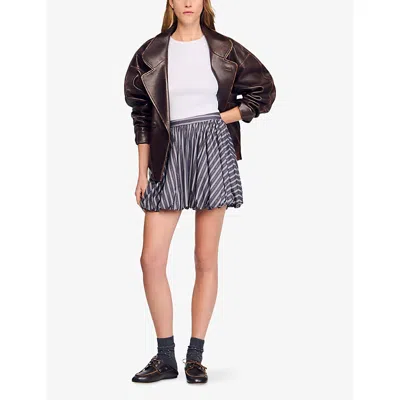 Sandro Womens Striped Rhinestone-embellished Cotton Mini Skirt Grey In Gray