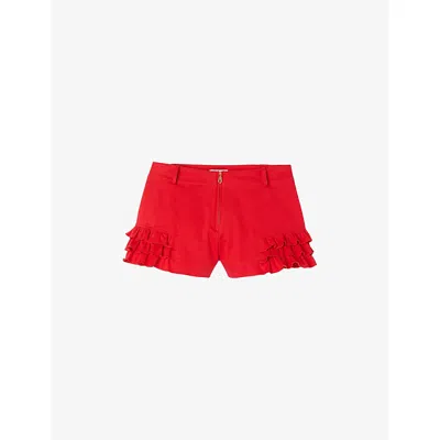 Sandro Womens Zip-up Ruffle-hem Stretch-cotton Shorts Red