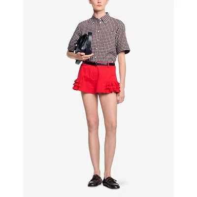 Sandro Womens Zip-up Ruffle-hem Stretch-cotton Shorts Red
