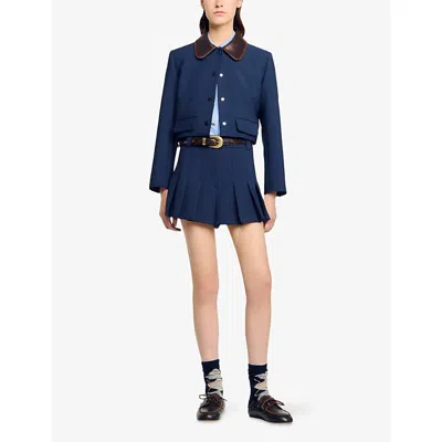 Sandro Womens High-rise Pleated Stretch-woven Shorts Navy Blue In Blue