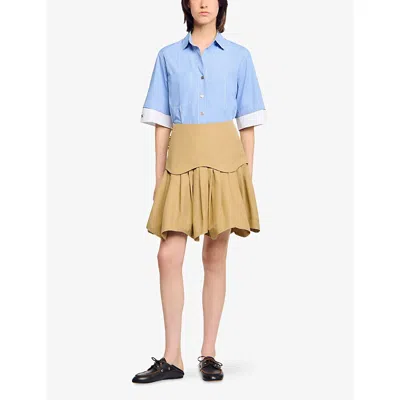 Sandro Womens High-rise Ruffle-hem Cotton Mini Skirt Beige