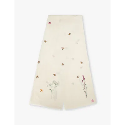 Pink Maharani Womens Meadow Embroidered Fringed Cashmere Scarf Off White/cream
