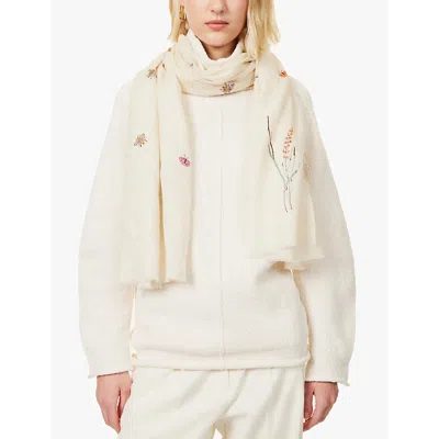 Pink Maharani Womens Meadow Embroidered Fringed Cashmere Scarf Off White/cream