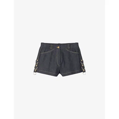 Sandro Womens Ring-embellished Contrast-stitch Denim Shorts Deep Blue In Blue