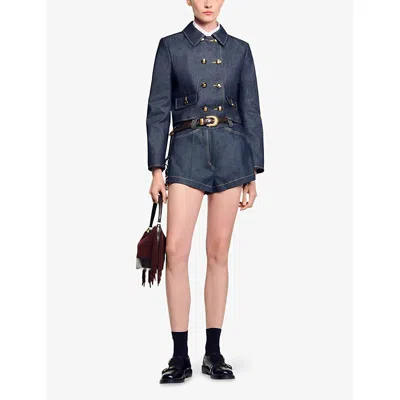 Sandro Womens Ring-embellished Contrast-stitch Denim Shorts Deep Blue In Blue