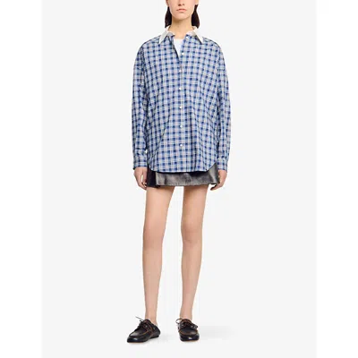 Sandro Womens Checked Rhinestone-embellished Cotton Shirt Blue