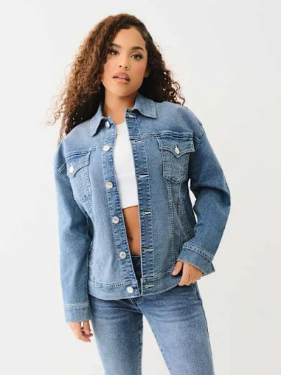 True Religion Women's Oversized Denim Metallic Logo Jacket