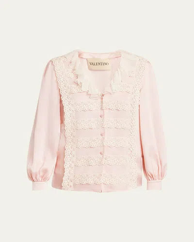 Valentino Ruffle V-neck Lace Trim Silk Shirt In Pink